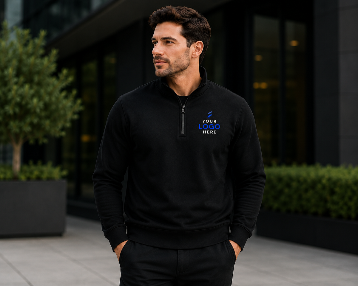 Black quarter-zip pullover embroidered with a company logo for corporate team apparel