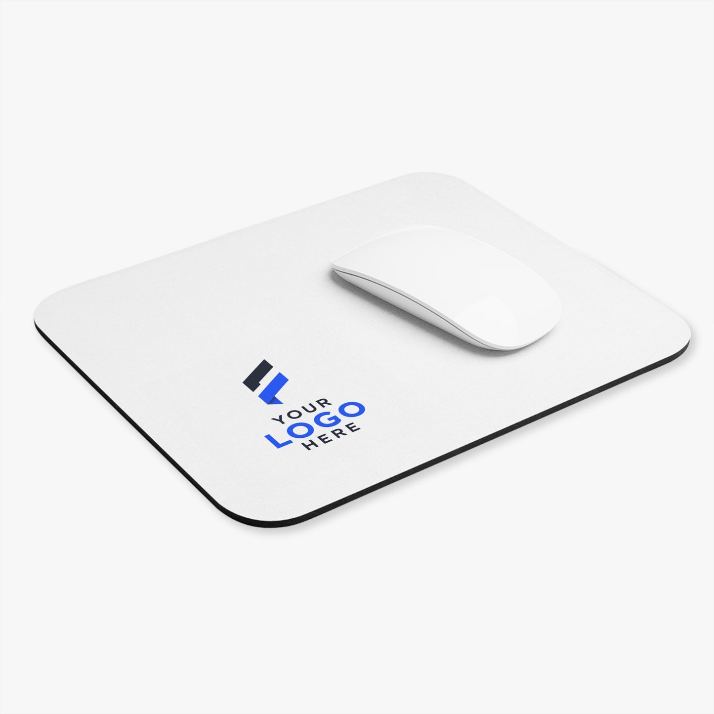 White mouse pad printed with a company logo for corporate desk branding