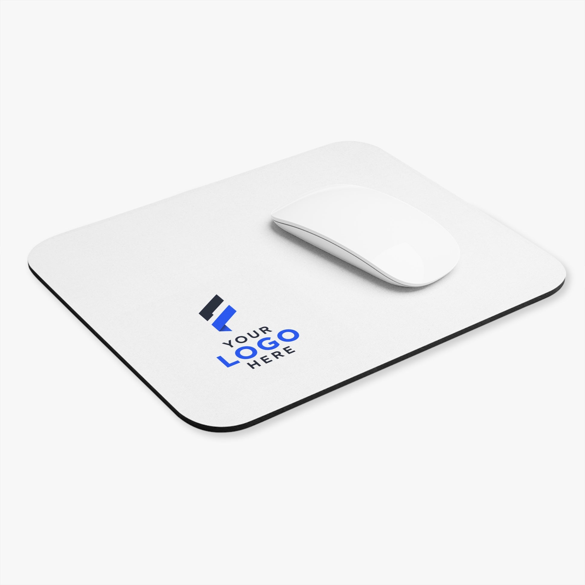 White mouse pad printed with a company logo for corporate desk branding