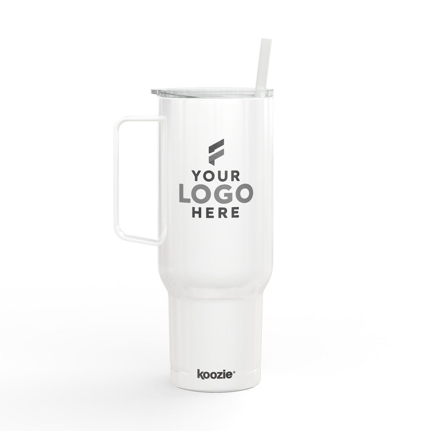 White insulated tumbler with a handle and straw, laser-engraved with a company logo for corporate branding