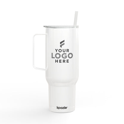 White insulated tumbler with a handle and straw, laser-engraved with a company logo for corporate branding