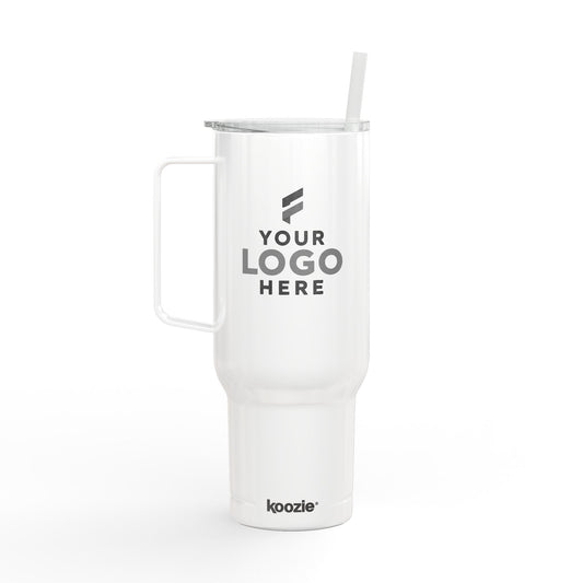 White insulated tumbler with a handle and straw, laser-engraved with a company logo for corporate branding