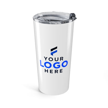 Insulated tumbler with a company logo on the front and the Progress Pride flag on the back for corporate Pride Month gifting