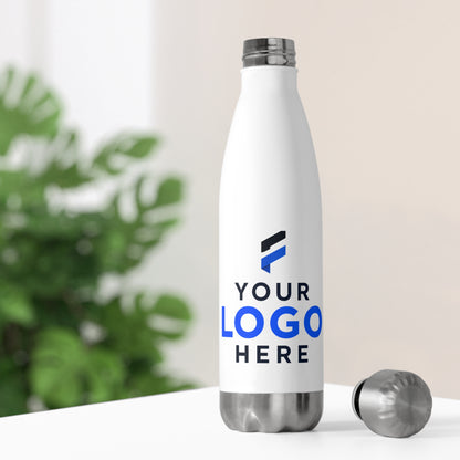 White stainless steel insulated water bottle printed with a company logo for corporate branding