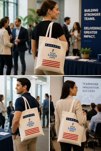 Natural cotton tote bag printed with a stars-and-stripes design and a company logo for corporate branding