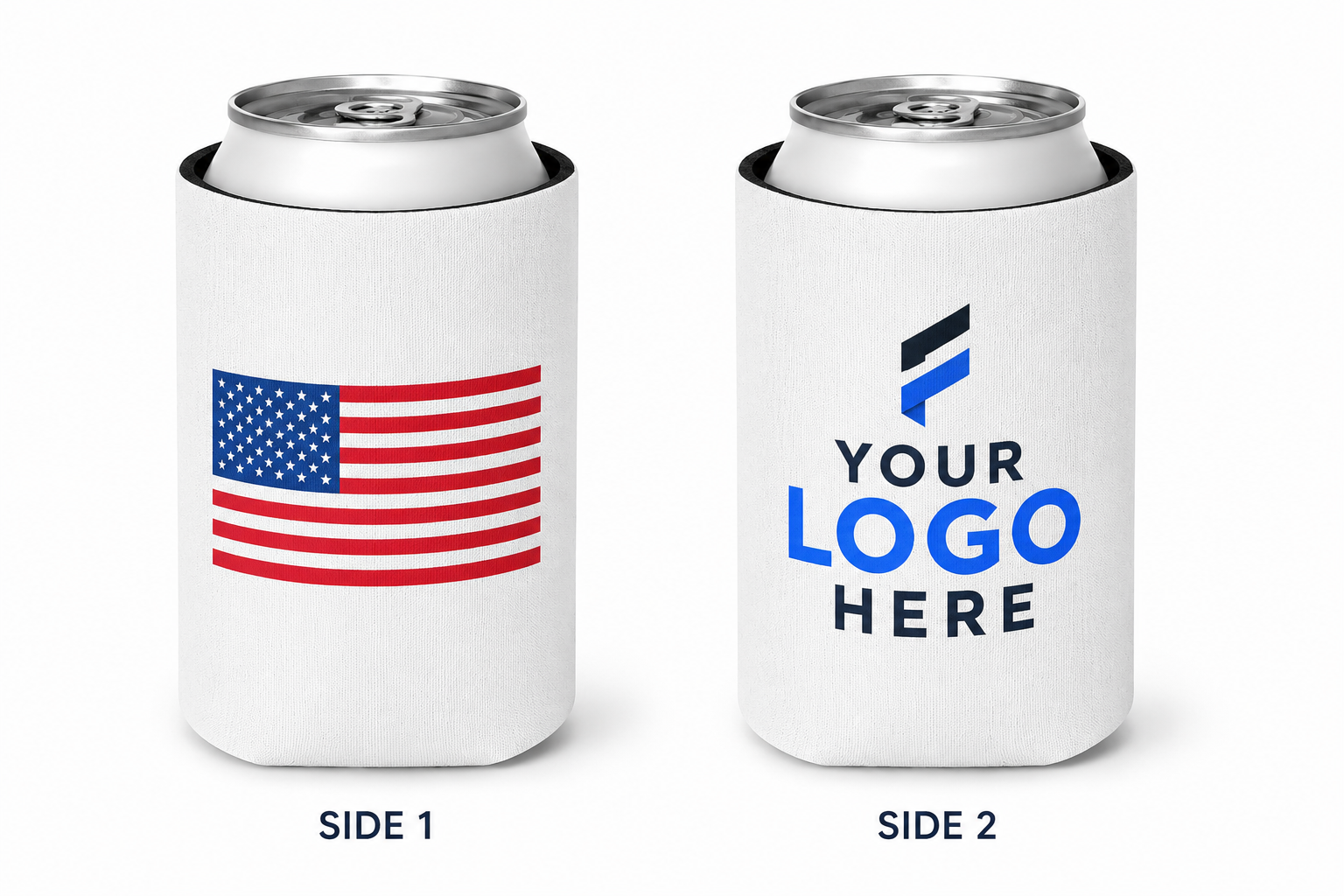 Can cooler printed with the American flag on one side and a company logo on the other for corporate branding