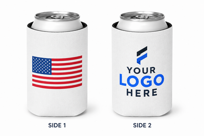 Can cooler printed with the American flag on one side and a company logo on the other for corporate branding