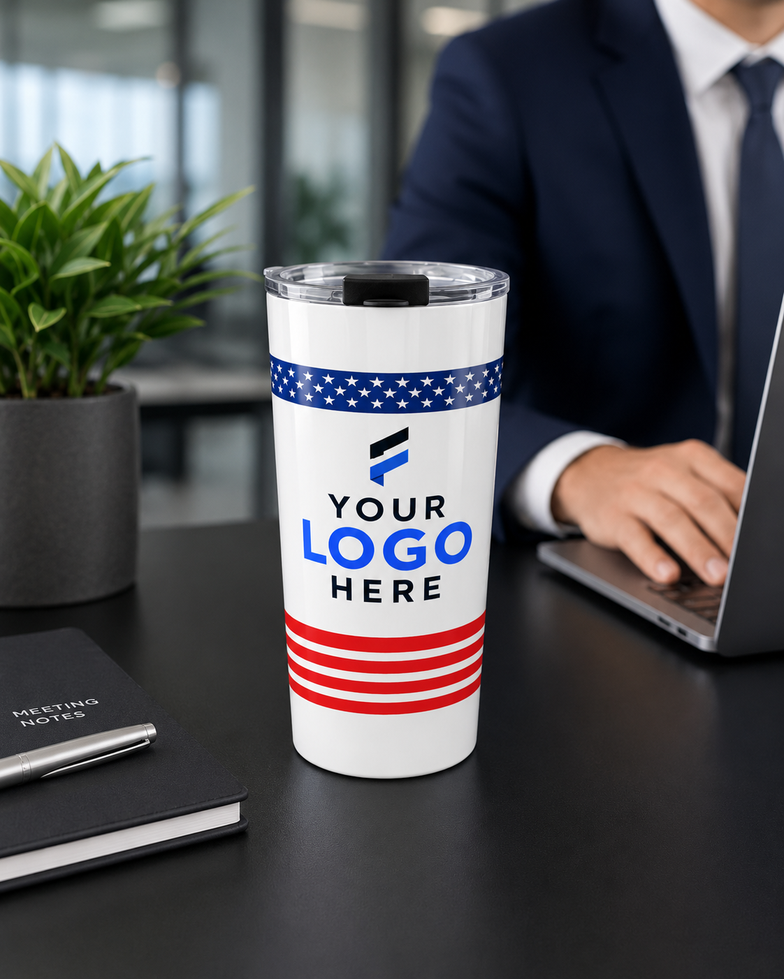 Insulated tumbler printed with a stars-and-stripes design and a company logo for corporate branding