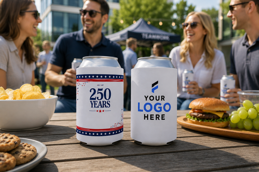 Can cooler printed with a commemorative America 250 Years design on one side and a company logo on the other
