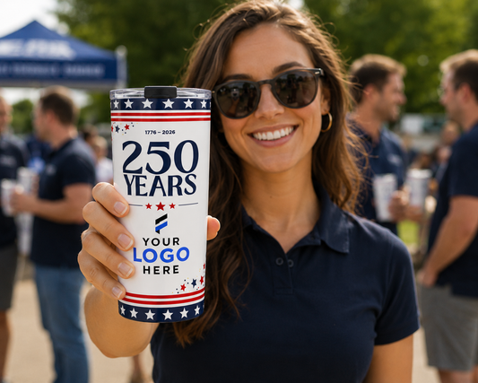 Insulated tumbler printed with a commemorative 1776 to 2026 America 250 Years design and a company logo
