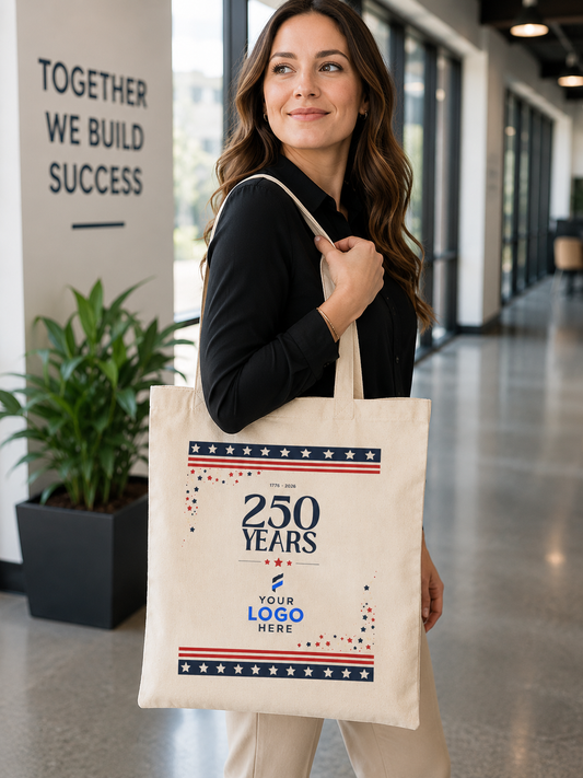 Natural cotton tote bag printed with a commemorative 1776 to 2026 America 250 Years design and a company logo