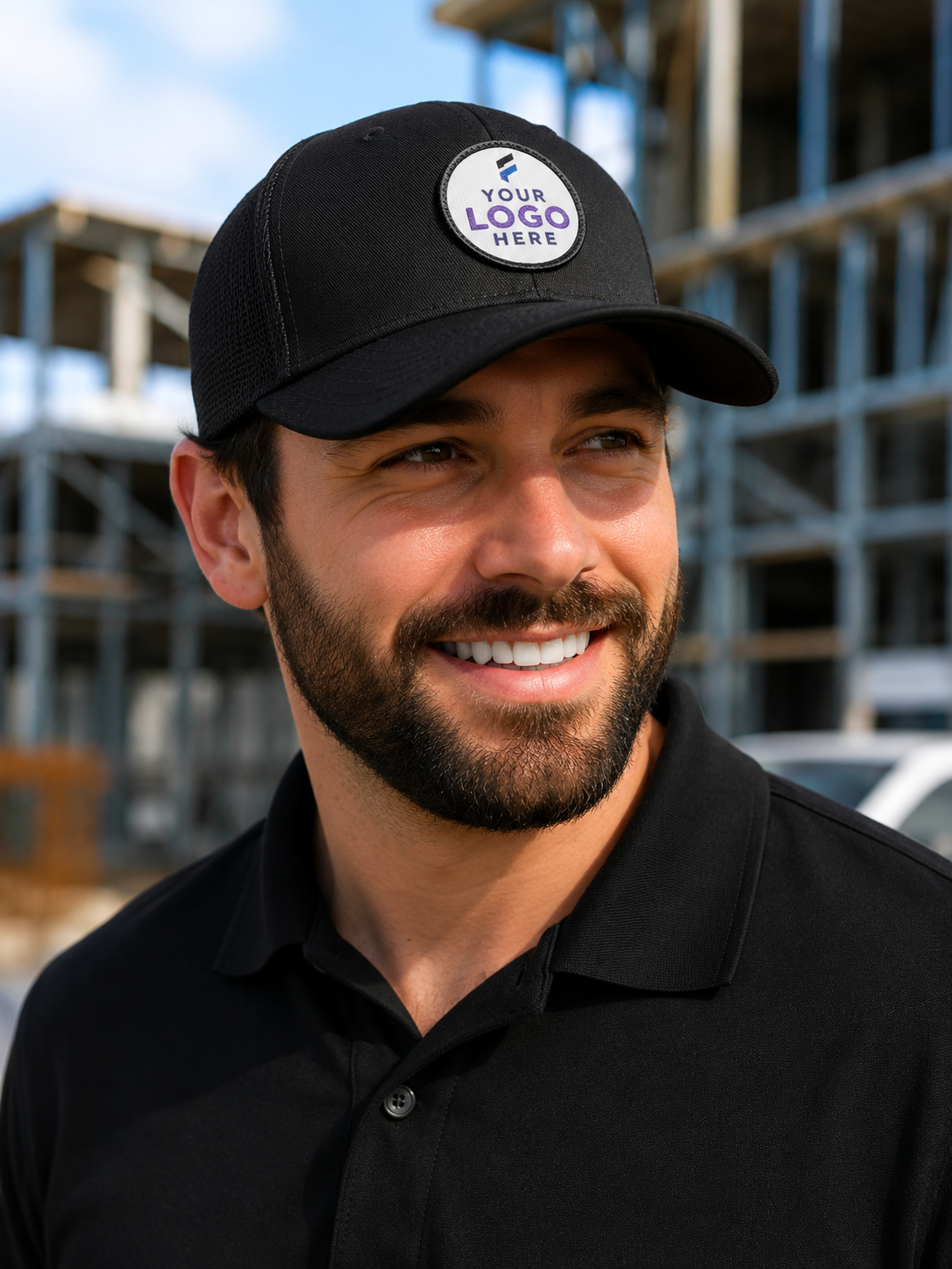 Black trucker cap with a custom embroidered logo patch and mesh back for corporate branding