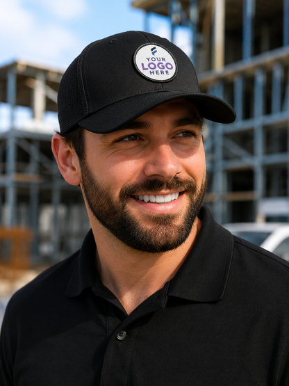 Black trucker cap with a custom embroidered logo patch and mesh back for corporate branding