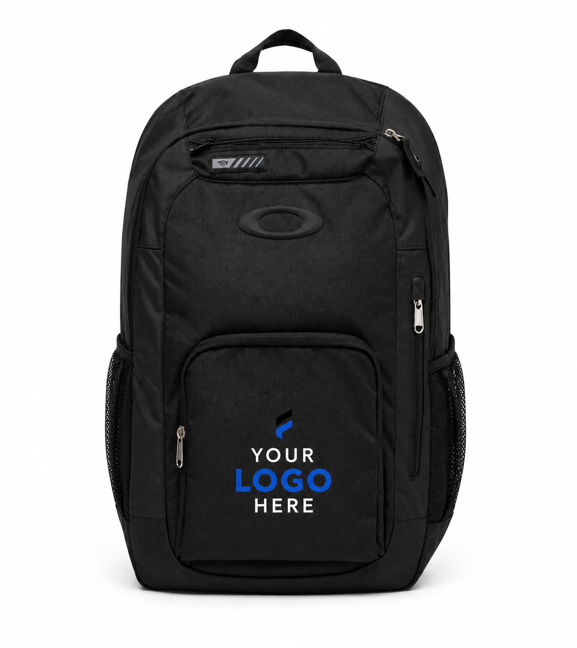 Black and gray Oakley backpack with a custom company logo for corporate branding