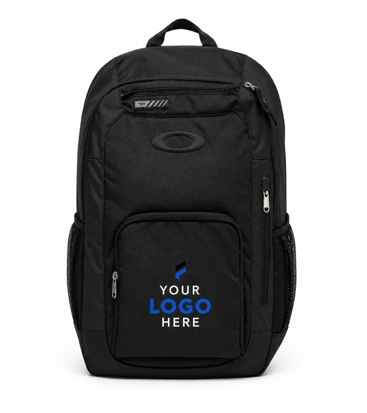 Black and gray Oakley backpack with a custom company logo for corporate branding