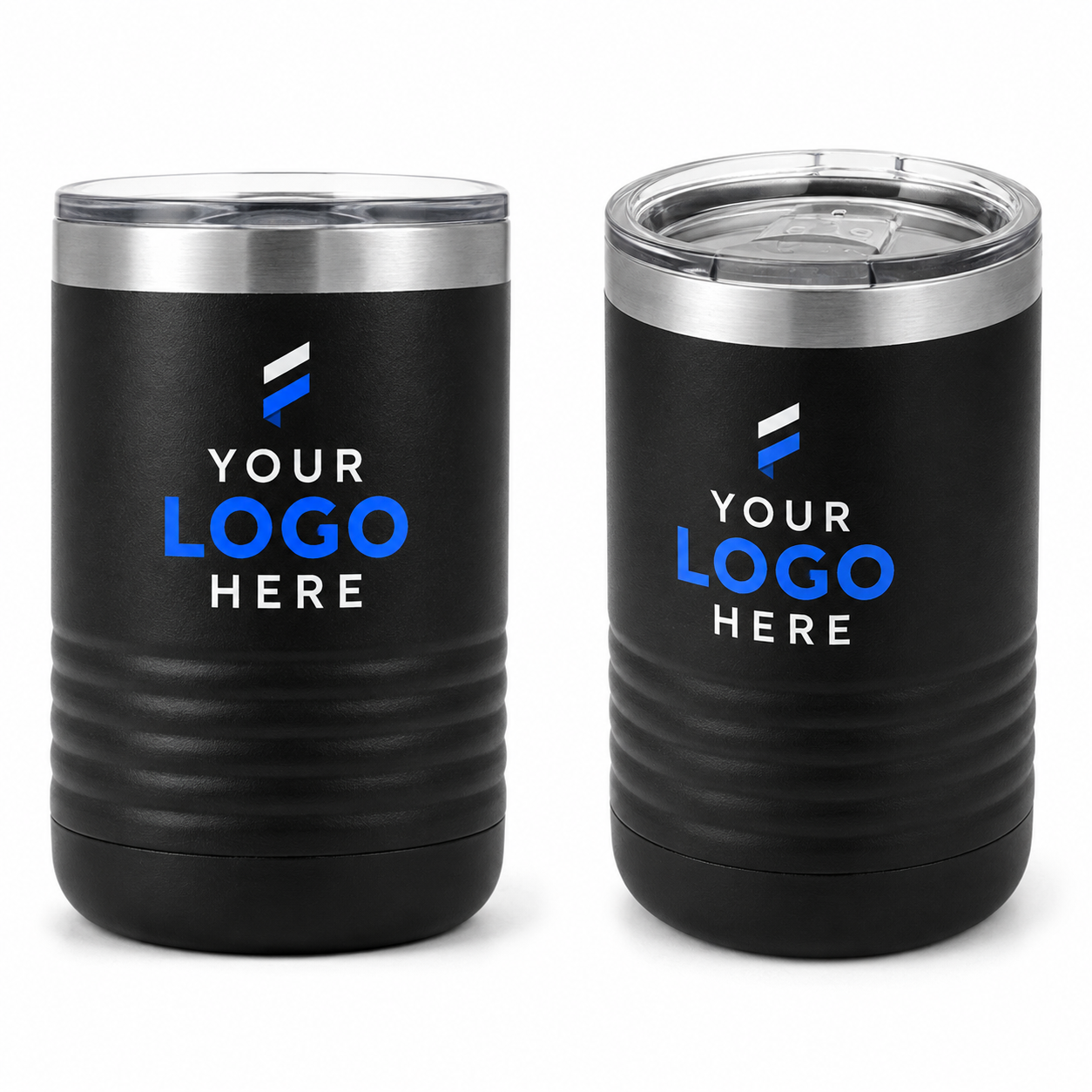 Black 10oz stainless steel insulated tumbler printed with a full-color company logo for corporate branding