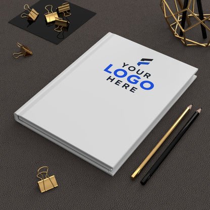 White hardcover journal printed with a company logo for corporate branding