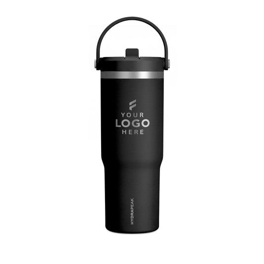 Black 32oz stainless steel insulated tumbler with a handle and straw, customized with a company logo for corporate branding