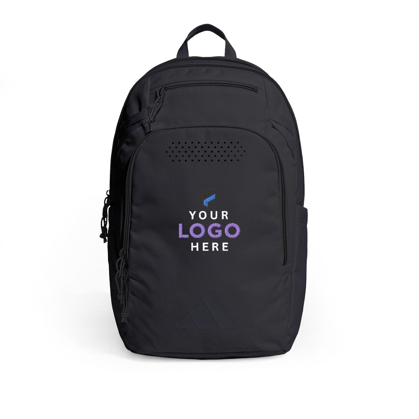 Black adidas Defender 5 backpack embroidered with a custom company logo for corporate branding