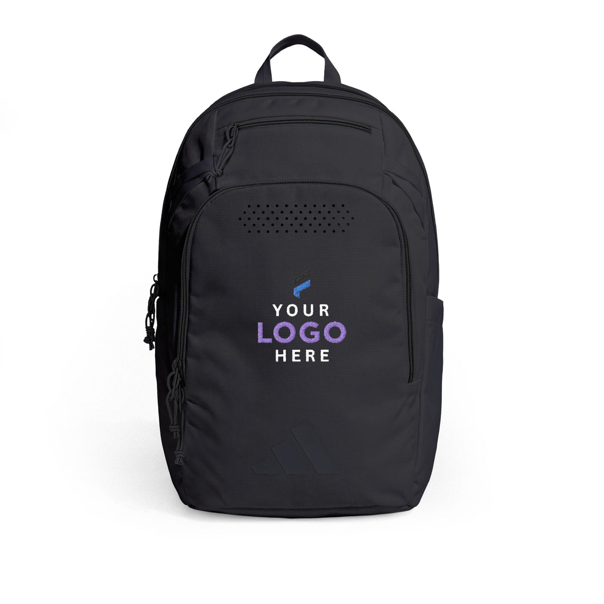 Black adidas Defender 5 backpack embroidered with a custom company logo for corporate branding