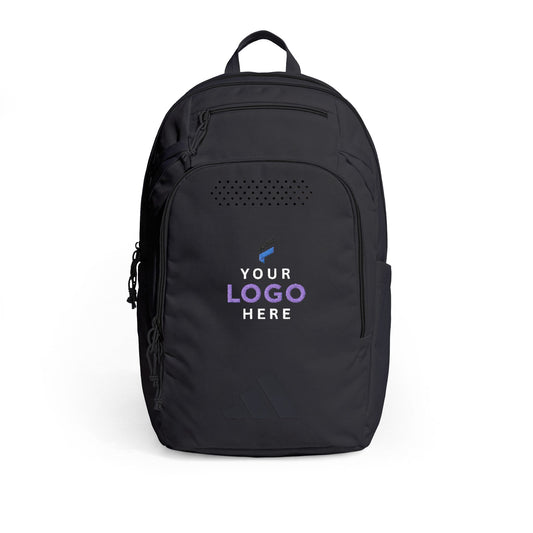 Black adidas Defender 5 backpack embroidered with a custom company logo for corporate branding
