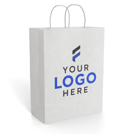 Kraft paper gift bag printed with a company logo for corporate branding and retail packaging