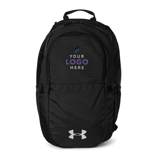 Gray Under Armour All Sport backpack embroidered with a custom company logo for corporate branding