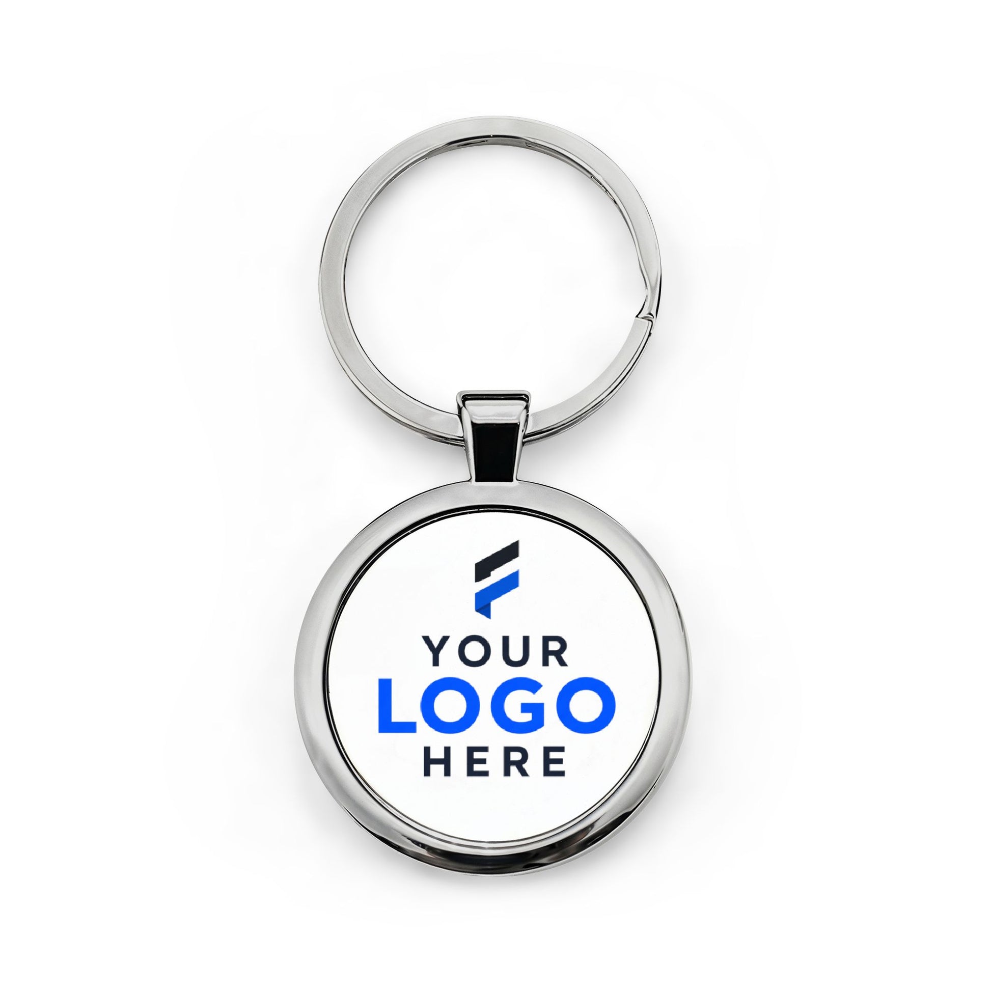 Round metal keychain printed with a company logo for corporate branding