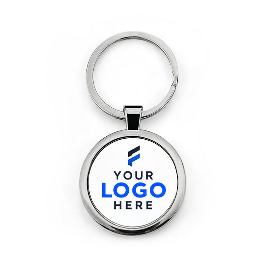 Round metal keychain printed with a company logo for corporate branding