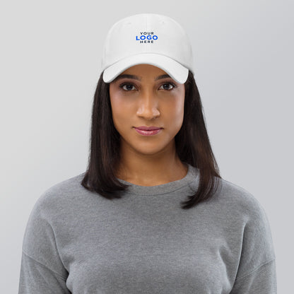 White cotton dad hat embroidered with a company logo for corporate branding